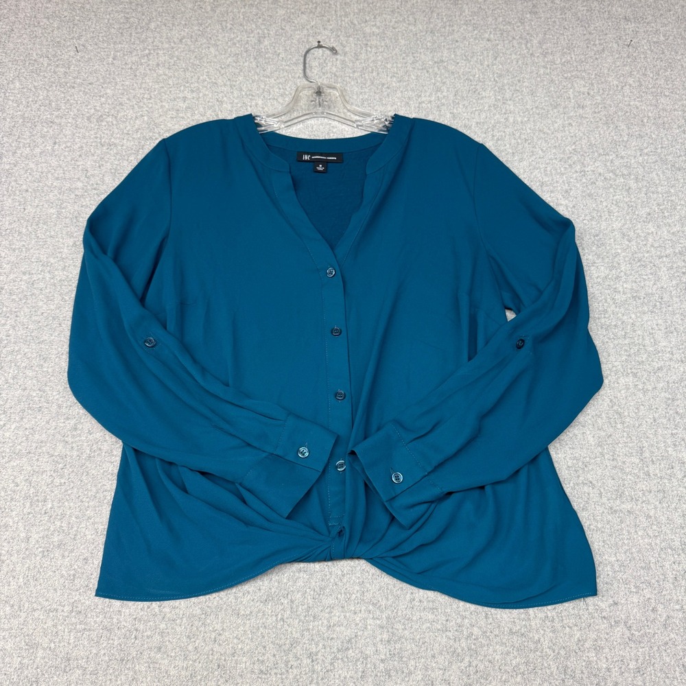 INC International Concepts Blouse Size M Teal Blue Twist Front Roll Tab Sleeve